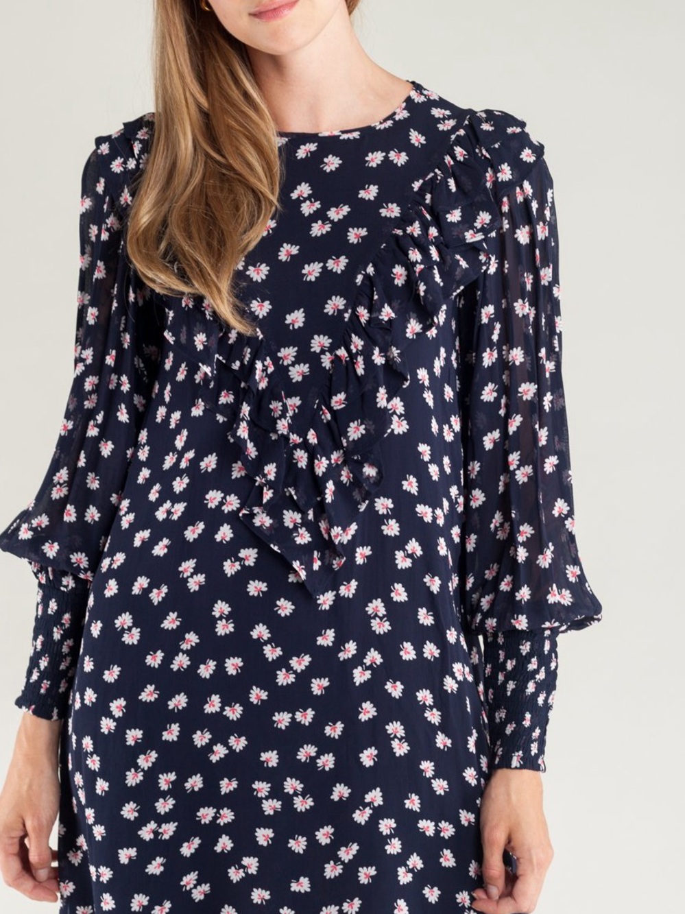 Ganni Rometty Georgette Mini Dress Navy Daisy Floral Ruffle Size 36 / US 4
